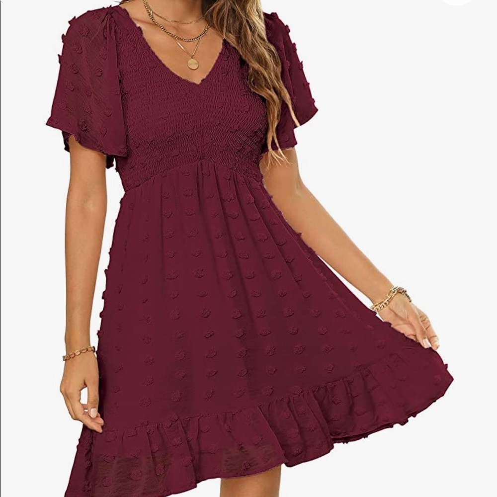 Smocked Flutter Sleeve V Neck Ruffle Mini Swiss Dot Babydoll Dress
